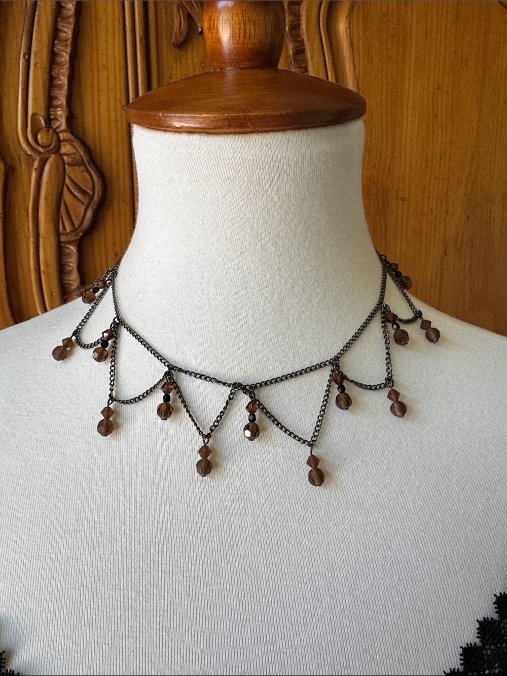 Delicate Silver-Tone Necklace and matching earrings with Amber Bead Drops